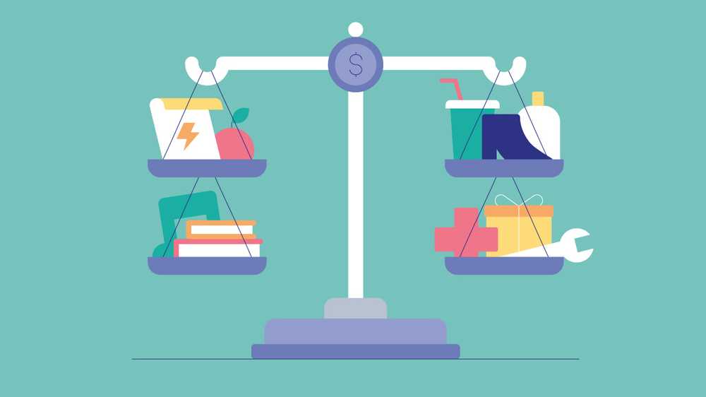 A metaphorical illustration depicting the concept of how to create a budget using Kakeibo methodologies. The visual consists of a scale that balances expenses: Wants, Needs, Culture and Unexpected