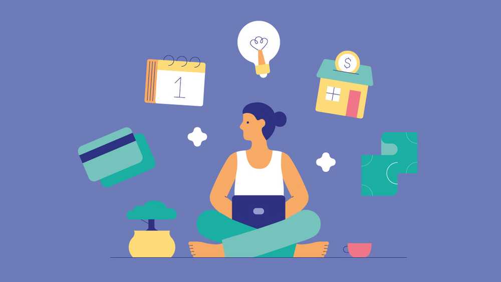 A metaphorical illustration meant to visualize a woman reflecting on her budget. She sits with her legs crossed and there is a bonsai tree, credit cards, a calendar, a light bulb, a house and money floating around her